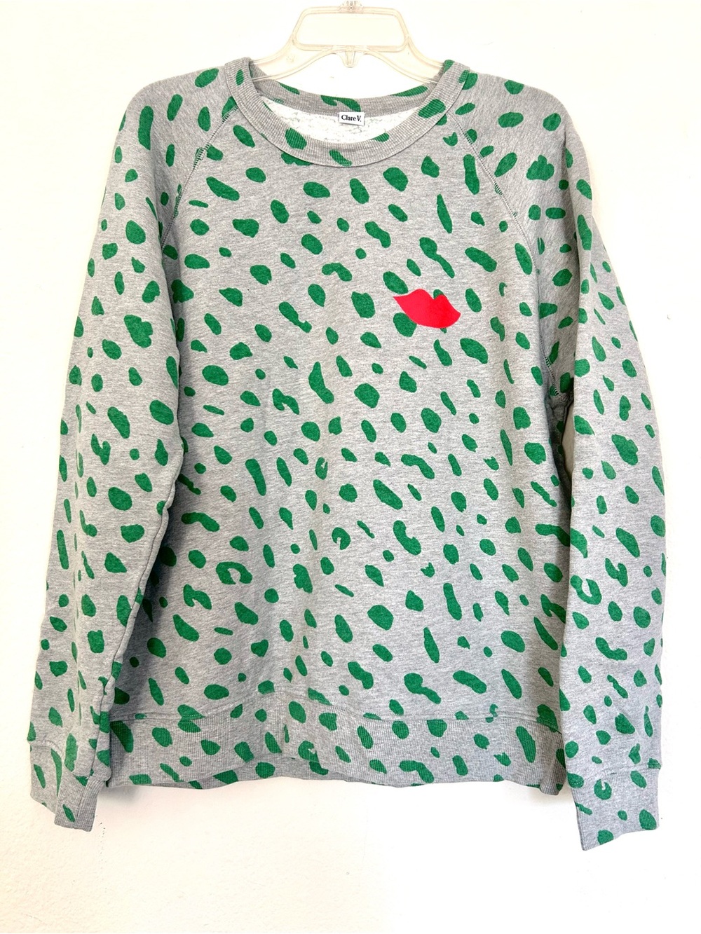 CLARE V.  Gray Sweatshirt with Green Leopard Spots and Red Lip Motif - Picture 2 of 7